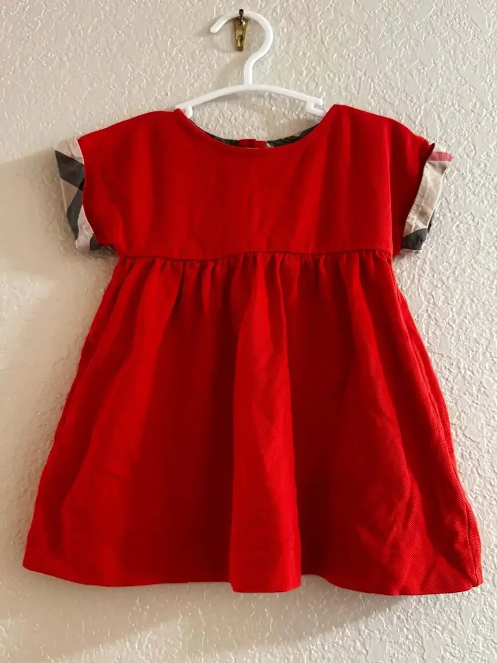 Burberry Children Red Dress with Nova Check Cuffs Size 12M